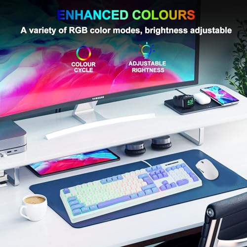HUO JI Wired Gaming Keyboard with Rainbow LED Backlit, Floating Keys, Mechanical Feeling, Spill Resistant, Ergonomic Full Size for Xbox, PS Series, Desktop, Computer, PC (White Blue) - color: White Blue