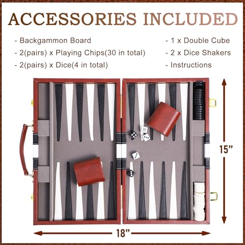 Backgammon Sets for Adults, 15 inch Backgammon Brown Sets Classic Board Game with Premium Leather Case, Portable Travels Strategy Backgammon Game Set for Adults, Kids (Brown) - color: Brown