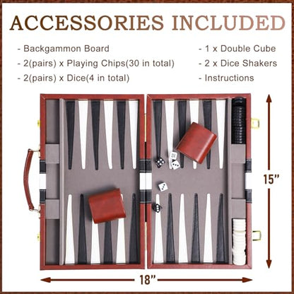Backgammon Sets for Adults, 15 inch Backgammon Brown Sets Classic Board Game with Premium Leather Case, Portable Travels Strategy Backgammon Game Set for Adults, Kids (Brown) - color: Brown