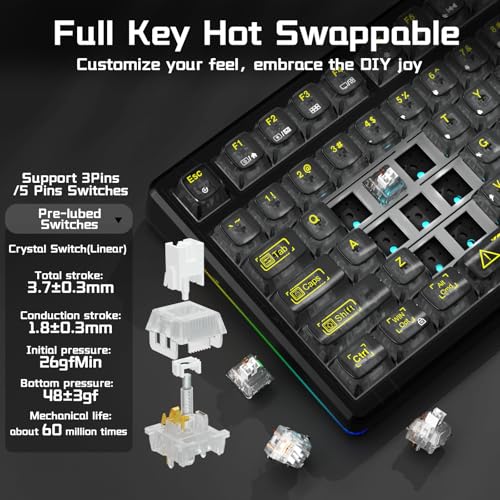 Aula F98Pro V3 Wireless Mechanical Keyboard with Screen & Knob,Tri-Mode Hot Swappable Computer Keyboards,10000mAh Battery,Clear Keycaps RGB Backlit Gasket Mount Black Gaming Keyboard for PC/Office - color: Black