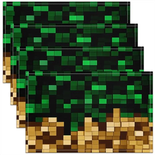 Pixelated Miners Blocks Kids Placemats Set of 4,Patchwork Square Video Games Table Place Mats,Geometric Patchwork Grid Kitchen Decor,Green Yellow Placemat Kitchen Table Decoration 12"x18" - color: A-green Yellow