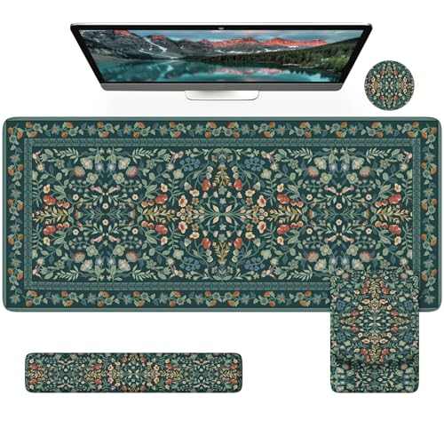 iCasso Mouse Pad with Wrist Rest,Ergonomic Large Desk Mat Set, Deep Green | Keyboard Pad with Wrist Support, Non-Slip Mouse Mat for Women, Cute Floral Computer Mat for Home Office Gaming - color: Deep Green