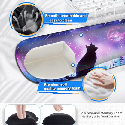 Large Gaming Mouse Pad+ Keyboard Wrist Rest Set, Ergonomics Memory Foam Mouse Mat Wrist Rest Support for Home Office, Waterproof Extended Mousepad 31.5x11.8in, Black Cat Starry Night Desk Pad - color: Yvb-mousepad-9-f-158