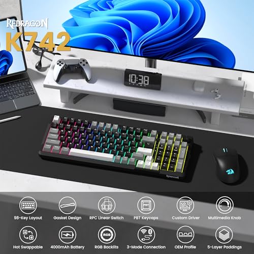 Redragon K742 Wireless Mechanical Gaming Keyboard with Knob for PC Computer | Bluetooth 5.0/2.4GHz/USB C Wireless Creamy Keyboard with Number Pad, RGB Backlits, Hot-Swappable with Linear Switches (Black) - color: Black
