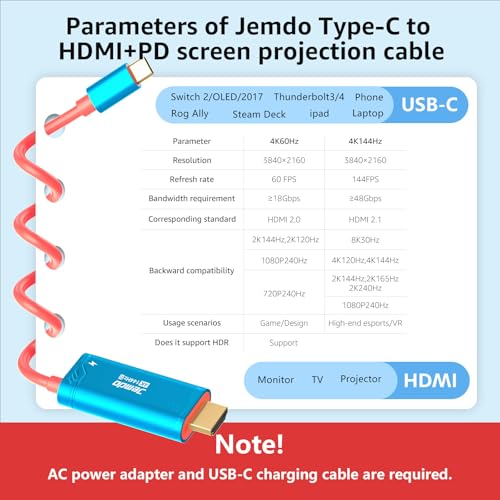 JEMDO Switch 2 Dock HDMI Cable,4K@144Hz 48Gbps,USB C to HDMI 2.1,100W PD Play While Charging,6.6 ft,Portable Travel TV Adapter Compatible with Nintendo Switch 2(Only Below V21.0.0)/2017/OLED - color: Blue, style: 144