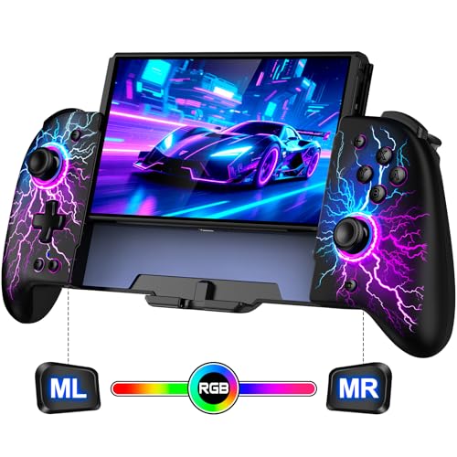 Spican Switch Controllers for Nintendo Switch/Switch OLED, Hall Effect Switch Wireless Pro Controller One-Piece Joypad, Full-Size Handheld Mode Controller with 17 RGB Light/Battery/Turbo/Macro/4 Game Slot - color: Black-Lightning Pattern, size: 6.2"/7"
