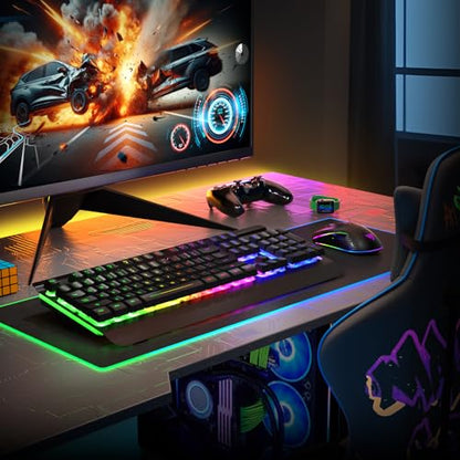 Wireless Gaming Keyboard and Mouse Combo, Metal Panel, 7 Color Backlits, Rechargeable 3200 mAh Battery, Wrist Rest, Sleep Mode, Light Up Keyboard + 7D 3200DPI Gaming Mice for PC Gamer | 7 Color Backlits, Rechargeable 3200 mAh Battery/Wrist Rest/Sleep Mode
