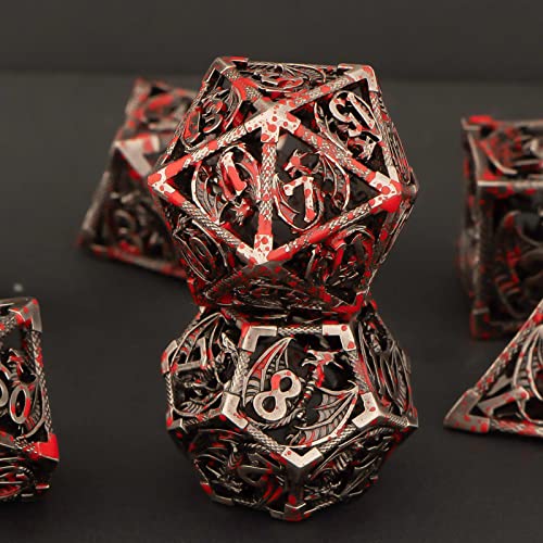 KERWELLSI Hollow DND Dice Set D&D with Gifts Box, 7pcs Polyhedral Metal D and D Dice for Role Playing Game, Dungeon Dragon Dice D20 D12 D10 D8 D6 D4 (Blood) - color: Blood