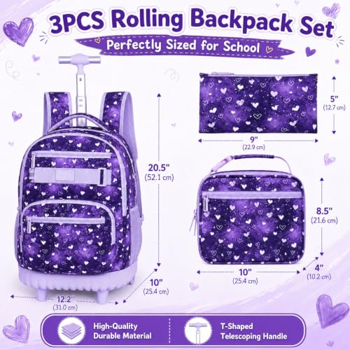 3Pcs Rolling Backpack for Girls Teens, 19" Wheeled Backpack with Lunch Box, Polka Dots Travel Roller Backpack for Women College Students (Purple) - color: Starry Sky Heart Purple
