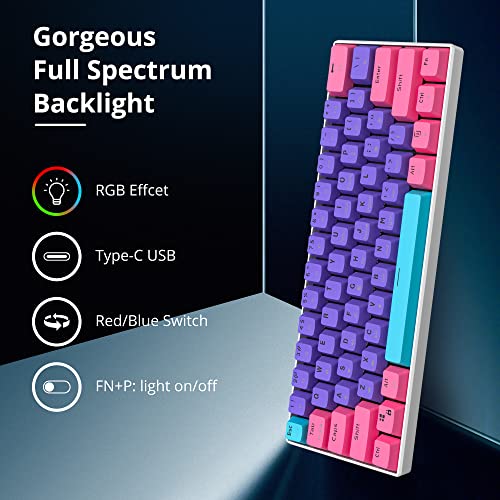 Protable 60% Percent Gaming Keyboard Mechanical, Mini Compact RGB Backlit 61 Keys Wired Office Keyboard with red Switch for Mac/Win (Purple/red Switch) - color: purple/red Switch