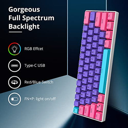 Protable 60% Percent Gaming Keyboard Mechanical, Mini Compact RGB Backlit 61 Keys Wired Office Keyboard with red Switch for Mac/Win (Purple/red Switch) - color: purple/red Switch