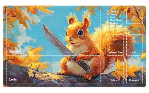 Autumn Warrior Squirrel MTG Playmat, EDGFRTOIO Cute Fantasy TCG Mat with Game Zones, Tabletop Magic Play Mats 24"x14" Non-Slip Rubber Base for Trading Card Games Battles - color: Autumn Warrior Squirrel, size: 24"X14" With Zones