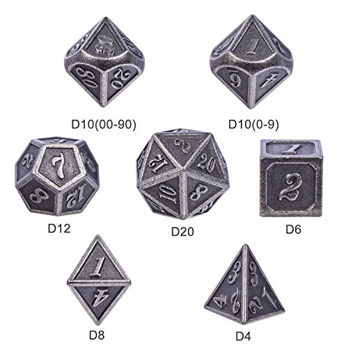 DnDnD Acient Silver Metal DND Dice Set, 7PCS D&D Metal Dice with Metal Case for Dungeons and Dragons, Shadowrun, Pathfinder, Savage World and Table Games - color: Ancient Silver