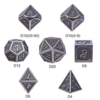 DnDnD Acient Silver Metal DND Dice Set, 7PCS D&D Metal Dice with Metal Case for Dungeons and Dragons, Shadowrun, Pathfinder, Savage World and Table Games - color: Ancient Silver