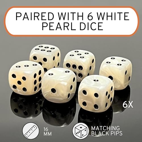 Luck Lab Brown Leather Dice Cup with Lid Including 6 Matching Pearl Dice - Tan Velvet Interior for Quiet Shaking - Use for Liars Dice Farkle Yahtzee Board Games