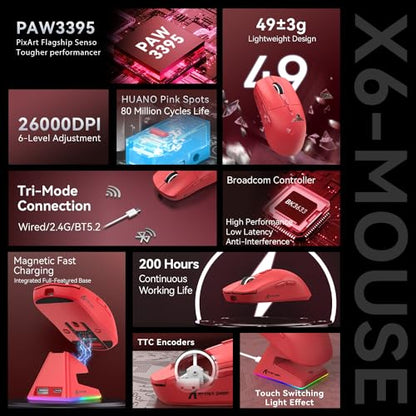 ATTACK SHARK X6 Lightweight Wireless Gaming Mouse with RGB Backlight Charging Base,Tri-Mode Wired/2.4GHz/BT5.2,26K DPI, PAW3395 Optical Sensor,HUANO Switch,5programmable Buttons,PC/Mac(Red) - color: Red, size: Mouse without Anti-slip sticker