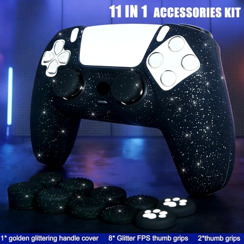 Black Glitter Silicone Protective Case for PS5 Controller, Sparkly Bling Soft Cover Skins, Includes 8-in-1 Glitter Thumb Grip Caps + 2 Cat Paw Caps – Shockproof Dustproof Anti-Slip - color: Black