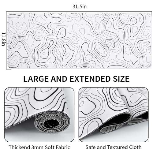 White Mouse Pad, Topographic Mouse Pad for Desktop | Large Gaming Mousepad, Stitched Edges & Non-slip Base, XL Long Mousepad for Desktop Office Gaming Home - color: Topographic Contour
