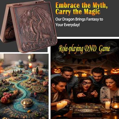Metal DND Dice Set 7-in-1 D4-D20 3D Dragon Case Leather Bag Copper | 7 in 1 metal polyhedral dice. D4-D20 dnd spinner. 3D dragon case. Leather storage bag. Zinc alloy. DND RPG TTRPG gift. - color: Ancient Coper