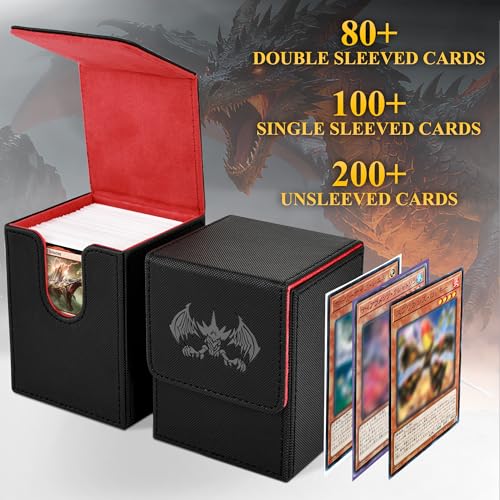 UAONO Card Deck Box for Yugioh MTG Cards, 100+ Deck Case with 2 Dividers Fits TCG CCG, PU Leather Card Storage Box Compatible with Collectible Trading Cards (Black&Red, Extinction Dragon) - color: A-Black&Reds