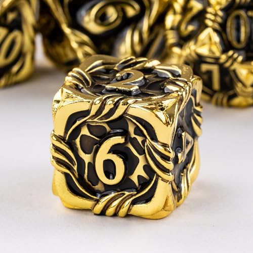 7-Die Metal DND Dice Set Metallic Polyhedral Role Playing Dice | Vine Design PU Leather Pouch for Dungeons and Dragons RPG Table Games - color: Vine-gold Black