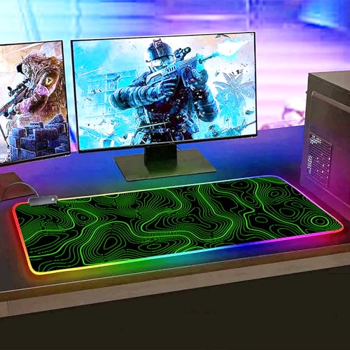 RGB Mouse Pad LED Desk Mat Large Gaming Mousepad Black and Green Line Design, Keyboard Pad XL Mouse Mat for Home and Office - color: Black With Green Topographic Line