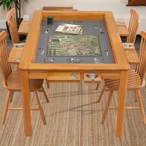 Solid Wood Board Game Table for 4–6 Players with 54" x 30.7" | Dining & Gaming Table for Adults with Removable Top, Neoprene Play Mat, Leaf Storage Rack, 6 Cup Holders & Trays, Nature - color: Honey Oak, size: Recessed Leaves