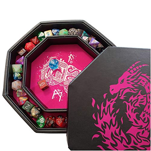 Fantasydice Pink Fire Dragon Dice Tray with Wizard Book Print – 9" Octagon with Dice Staging Area, Holds 5 Dice Sets – Perfect for D&D, Call of Cthulhu, Shadowrun, and All Tabletop RPGs - color: Pink Dragon Octagon