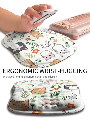 Hokafenle Ergonomic Wrist-Hugging Mouse Pad Wrist Support, U-Shaped Holding Wrist Rest Mousepad for Carpal Tunnel Pain Relief with Cushioned Memory Foam Slope Massage Bulge (10.2x8.3 in,Cute Cat) - color: Cute Cat