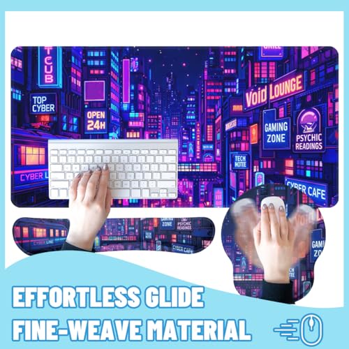 Cyber City Desk Mat Set Neon Gaming Night Large Mouse Pad with Wrist Rest 4-in-1 Desk Mat for Desktop Ergonomic Computer Desk Arm Wrist Anti-Slip Computer Ergonomic Mouse Pad Home Office Gaming - color: Cyber City, size: 34.5" x 15.7"