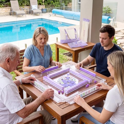 1.2'' American Mahjong Set 160 Mahjong Tile 4 All-in-One Rack Pushers 4 Dice 3 Carrying Bags Accessories Complete American Mah Jong Tile Set for Table Travel Game Collection Gift(Purple)