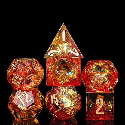 Cusdie Sharp Edges DND Dice, 7 PCs D&D Dice, Handcrafted Polyhedral Dice Set, for Role Playing Game Pathfinder (Red w/Yellow Sparkle) - color: Red W/Yellow Sparkle