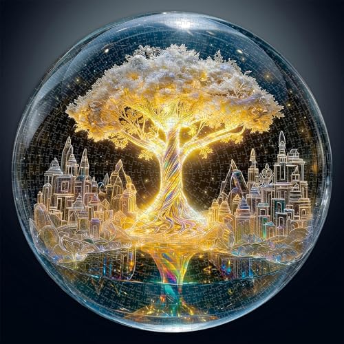 1000 Piece Round Jigsaw Puzzle for Adults, Tree of Life in Crystal Ball 26.6in Difficult Impossible Puzzles with Letters on Back, Crystal-Style Aesthetic Art, Mindful Activity Gift for Adults - color: B-crystal Tree of Life