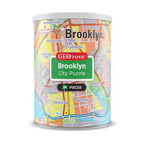 Geotoys Brooklyn Mini Puzzle - 100 Piece Puzzles for Kids and Adults in Portable Can, 13" x 10" Educational Travel Puzzle for Ages 7 and Up - Mini Puzzles to Learn & Explore Geography - style: Brooklyn