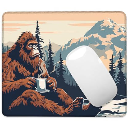 Sasquatch in Forest Holding Coffee Mouse Pad Square MousePads Non-Slip Rubber Base Mouse Mat Desk Pad with Stitched Edge for Desk Computers Laptop Office, 9.5x8 Inches - color: Sasquatch in Forest Holding Coffee