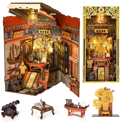 MiniCity Emperor's Study Book Nook Kit, 3D Wooden Bookshelf Puzzle with LED | 7.1 x 4.3 x 9.1 in; 443 pieces, LED and dust cover; glue/tools and guide included; 8-10 hr DIY build for display, ages 14+. - style: The Emperor's Study