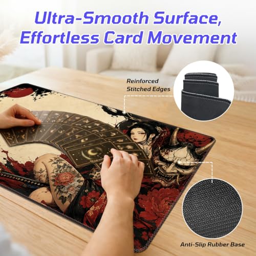 Hannya Mask Woman MTG Playmat, Card Game Play Mat with Stitched Edges, Smooth Surface Board Game Trading Card Mat, Non-Slip Rubber Base Large Gaming Mouse Pad 24 x 14 Inch - color: Hannya Mask Woman