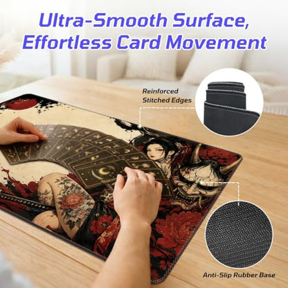 Hannya Mask Woman MTG Playmat, Card Game Play Mat with Stitched Edges, Smooth Surface Board Game Trading Card Mat, Non-Slip Rubber Base Large Gaming Mouse Pad 24 x 14 Inch - color: Hannya Mask Woman