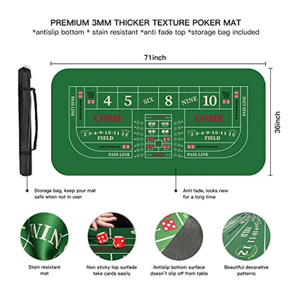 YUZPKRSI 70" x 35" Portable Professional Casino Craps Tabletop Layout Mat with Carrying Bag, Non-Slip Rubber Craps Dice Game Layout Table Top Cover for Parties, Home Entertainment, Game Night - color: Green-craps