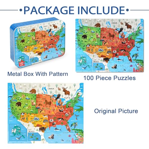 LELEMON Puzzles for Kids Ages 4-6,Animal Map 100 Piece Puzzles for Kids Ages 4-8 in a Metal Box, Educational Jigsaw Puzzles 100 Piece Puzzle Games Puzzle Toys for Girls and Boys - color: Animal Map