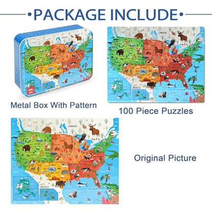LELEMON Puzzles for Kids Ages 4-6,Animal Map 100 Piece Puzzles for Kids Ages 4-8 in a Metal Box, Educational Jigsaw Puzzles 100 Piece Puzzle Games Puzzle Toys for Girls and Boys - color: Animal Map