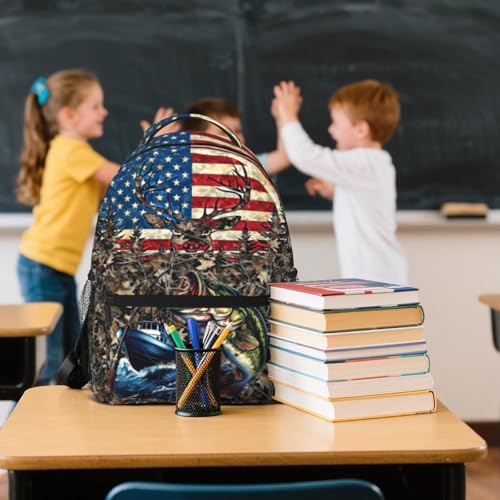 Camo Fish Backpack for Boys American Flag Bass Fish Deer School Backpack for Boys Girls Elementary Middle School Bookbag Travel Daypack Students Back Pack - color: Camo Fish