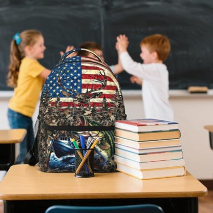 Camo Fish Backpack for Boys American Flag Bass Fish Deer School Backpack for Boys Girls Elementary Middle School Bookbag Travel Daypack Students Back Pack - color: Camo Fish