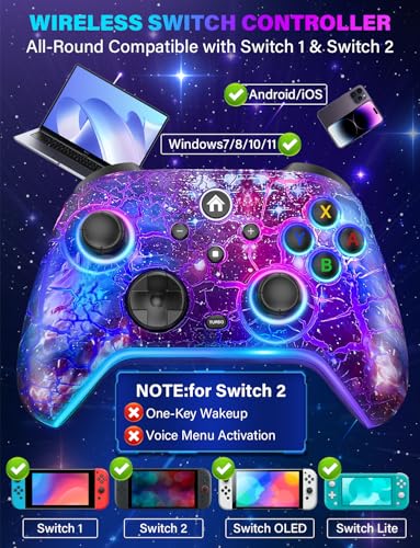 Wireless Switch Pro Controller for Nintendo Switch/OLED/Lite/Switch 2, 1200mAh Rechargeable Switch Controllers with 10 Colors LED & Cool Galaxy Nebula Design, Wake Up, Turbo, Vibration, Motion Control - color: Starry Blue