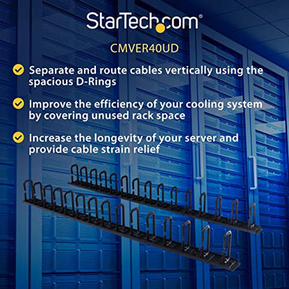 StarTech 40U Vertical Server Rack Cable Manager, 2-Pack 3ft (CMVER40UD) | 2-pack 20U network rack cord manager panels, D-ring hooks, 30 integrated D-rings, 2x 3ft (91cm) wire organizers, 19in rack - style: 20U 2-pk Vertical