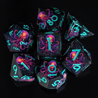 Cthulhu DND Double Layered Resin Dice Set, 7Pcs Sharp Edge D&D Dice for Dungeons and Dragons RPG MTG D and D Role Playing Playing Tabletop Games D20 D12 D10 D8 D6 D4 Starry Black - color: Cthulhu Blue