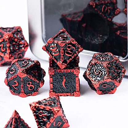 Cusdie 7Pcs Metal Dice with Metal Box, Dagger Design Polyhedral DND Dice Set, for Role Playing Game D&D Dice (Black with Red Font) - color: Black With Red Font