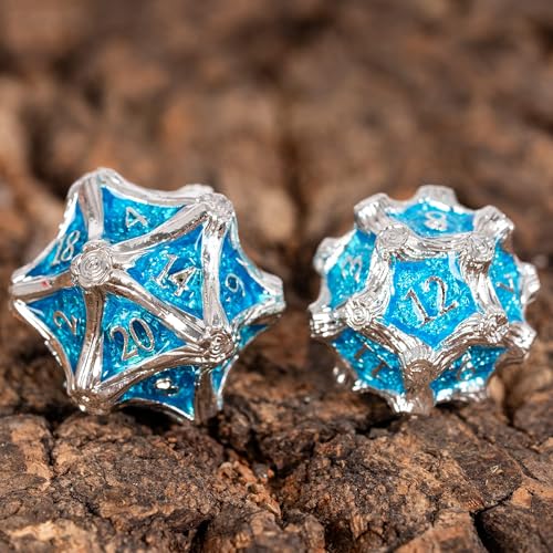 7PCS Metal Dice Set D&D Silver Metal DND Dice for RPG Board Games | Leather Storage Bag, DM Gift, for Dungeons and Dragons Role Playing Games - color: Metal Tree-silverblue