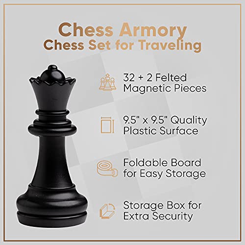 Chess Armory Magnetic 9.5 Inches Travel Chess Set - Folding Board with Storage Box & 2 Extra Queen.