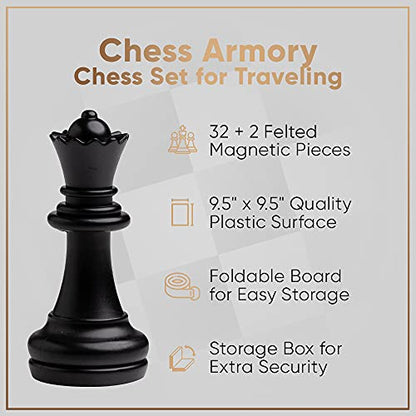 Chess Armory Magnetic 9.5 Inches Travel Chess Set - Folding Board with Storage Box & 2 Extra Queen.